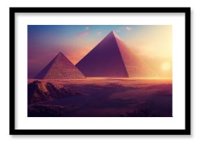 Two fictional egyptian pyramids in desert with evening sunset (Generative AI)