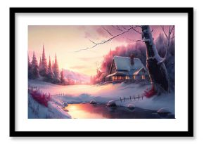Magical house in fairy tale winter wonderland with snow (Generative AI)