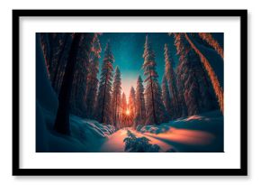 Winter landscape wallpaper with pine forest covered with snow and scenic sunset. Snowy fir tree in beauty nature scenery. Christmas and new year greeting card background.