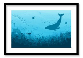 Underwater landscape, sperm whale, fish shoal and manta ray in seaweeds, vector undersea background. Sea or ocean deep water and coral reef landscape with whale and manta rays on sunken city ruins