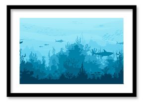 Underwater landscape. Seaweed and reef, fish shoal, whale and manta, turtle or marlin silhouettes in n ocean. Vector background with sea vegetation and animals. Water life, Aquatic marine biodiversity