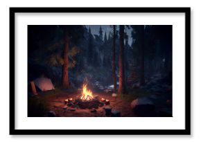 Campfire in the Middle of the Forest at Night