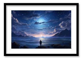 Silhouette of alone person looking at heaven. Lonely man standing in fantasy landscape with shining cloudy sky. Meditation and spiritual life