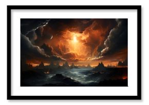 Genesis, the creation of planet Earth from a religious perspective, with a cloudy, orange sky, and the face of the Earth destroyed, filled with steep hills and turbulent seas