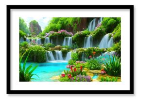 Paradise land with beautiful  gardens, waterfalls and flowers, magical idyllic background with many flowers in eden.