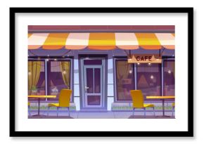 Street cafe building outside terrace exterior vector illustration. Outdoor city restaurant table and chair near entrance door with open sign panorama background. Urban cafeteria with yellow tent