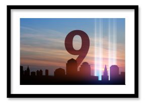 September 11 Tribute In Light Art Installation in the Lower Manhattan New York City Skyline at Sunset. 9.11 concept.