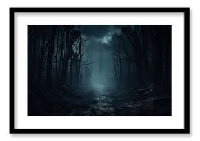 Eerie forest with sinister trees along a dim path on a winter s night. silhouette concept