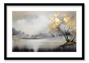 Abstract art acrylic oil painting of mountains landscape with gold details, tree and reflection of water from a lake (Generative Ai).