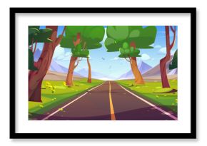 Mountain highway road in forest vector landscape. Summer trip on empty asphalt path through woodland to skyline. Blue sky journey environment with green grass with flower meadow area on sunny day