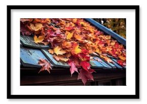 roof gutter filled with colorful autumn leaves