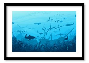 Sea sharks, sunken ship and fish shoal silhouettes in underwater sea landscape, vector background. Undersea coral reef or ocean landscape with sunken boat, stingray and sharks in deep blue water