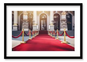 Luxury event entrance for film premiere red carpet golden barriers wealthy guests arriving summer outdoor decorations
