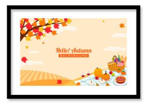 Hello! Autumn background vector illustration. Autumn picnic under maple tree