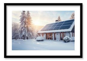 Solar panels on a house in the winter season. Aesthetic cartoon image pretty sunlight snow