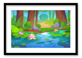Forest summer landscape with water lilies on lake surface. Cartoon vector jungle wetland scenery with green grass and bushes, tree trunks on shore of pond with pink lotus flowers and leaf pad.