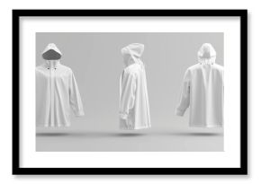  rendering of a white raincoat mockup, front and back view, isolated. Clear waterproof oversized jacket for rainy protection.