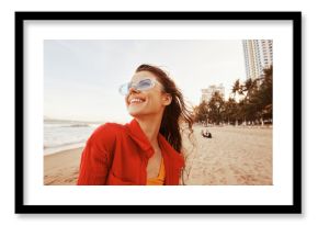Smiling Woman by the Sea, Embracing Freedom and Vibrant Lifestyle