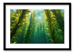 A kelp forest with tall stalks reaching the water surface, mainly exhibiting Ecklonia maxima from below.