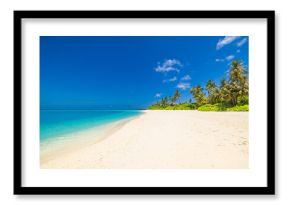 Beautiful, relaxing outdoor landscape of tropical island beach. Palm trees over blue azure ocean lagoon. Exotic traveling destination, summer vacation, beach seaside. Colorful nature sea sand sky view