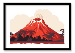 Erupting volcano lava flows, palm trees clouds. Tropical island volcano eruption red hot lava. Dangerous natural disaster vector illustration