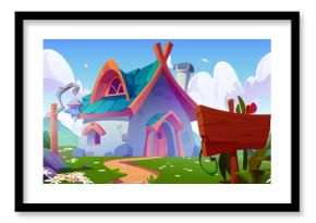 Fantasy house with garden in magic village cartoon background. Gnome, wizard or elf home with fantastic nature landscape. Rural medieval building design with signboard and lantern on grass meadow