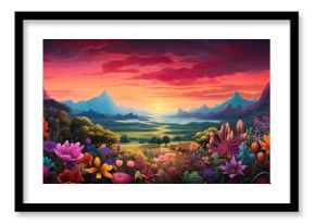 A beautiful painting depicting a sunset over a field of flowers with mountains in the background, creating a stunning natural landscape artwork