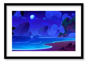 Tropical lagoon landscape at night. Calm sea or ocean water, beach with sand, stone and palm trees with coconuts, rocky mountains, dark blue sky with clouds, moon and stars. Cartoon vector seaside.