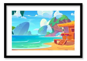 Tiki bar on shore of tropical lagoon. Cartoon summer landscape of sea or ocean sandy beach with wooden hut cafe with straw roof and stools near counter. Restaurant shack on coast with palm trees