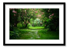 Pink blossoms lining a tranquil green path