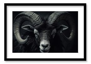 A black and white sculpture portraying a working animal a ram with large horns. Symbolizing strength and symmetry, it evokes images of elephants and mammoths in darkness