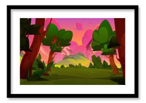 Sunset forest scene. Cartoon sunrise landscape with tree and pink sky. Fairy woods valley for hiking or wild game adventure illustration. Grass glade near hill area with amazing beautiful scenery view
