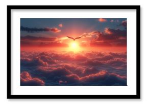 A bird soaring high above the clouds, disappearing into the distant sky. Concept of freedom and flight. Generative Ai.