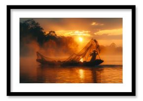 Asia fisherman  in the Mekong river at sunset 