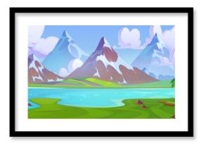Mountain landscape with jungle trees, lake or river and rocky snowy hills. Cartoon summer forest scenery with water in pond, peaks and woods, blue sky with clouds. Outdoor countryside panorama.