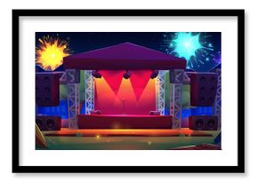 Outdoor music band concert festival stage in park. Open air live performance event at night cartoon background. Summer camp activity on wedding area with tent, spotlight and amplifier illustration