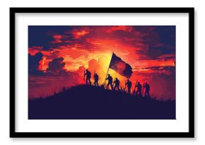 Silhouetted soldiers with flag against dramatic sunset on Day of Valor (Araw ng Kagitingan)