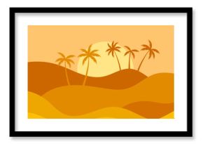 Desert landscape with palm trees and sand dunes. Silhouettes of palm trees at sunrise in the desert. Wavy landscape with sand dunes. Design for print, banners and posters. Vector illustration
