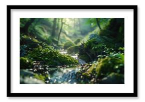 Tranquil stream flowing through vibrant forest. Ideal for nature-themed designs