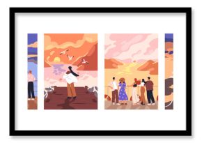 People watching sunset at sea. Characters from behind, looking and enjoying evening sky, sun, standing on deck, pier. Seaside landscapes, travel posters set. Flat graphic vector illustrations