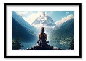 meditating woman sits by peaceful lake on mountain view
