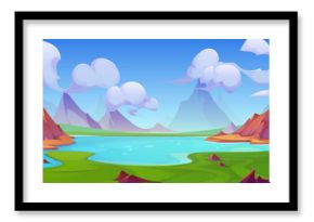 Tropic river and mountain nature background scene. Lake in summer valley with blue sky and beautiful rock environment cartoon panorama. Wild water stream and green grass abstract terrain backdrop