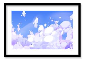 Anime style blue sky with fluffy clouds. Vector cartoon illustration of beautiful cloudscape for adventure game background, magic dream flight, heavenly cloudy backdrop, summer skies, fresh air