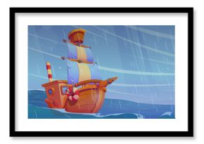 Boat in stormy sea with rain. Ship on ocean wave. Dark sky and big sailboat on water vector landscape. Travel vessel in scary natural environment drawing for nautical comic game story design