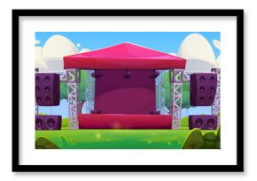 Outdoor music concert stage. Park festival open air show cartoon illustration. Summer rock fest activity entertainment. Abstract street wedding pop disco area for performance with amplifier background