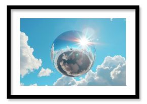 A 3D render of an abstract modern minimal background with white clouds, a chrome metallic mirror ball, and a blue sky with white clouds