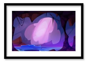 Dark mystery cave with underground lake or river and pink light through hole or entrance. Cartoon vector illustration of hidden mountain cavern with rocky walls and stalactites, blue water in pond.