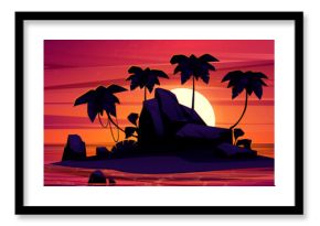 Tropical island silhouette on sunset background. Vector cartoon illustration of rocky piece of land in ocean, sun going down on orange horizon, lianas on palm trees, stones in water, travel paradise