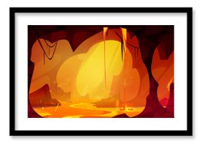 Lava cave game background. Fantasy hell landscape. Fire magma and rock inside dungeon hole drawing cartoon illustration. Devil tunnel and molten land river flow. Scary underground inferno world