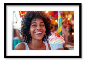 A woman enjoying a delicious ice cream cone at a carnival, capturing a happy summer moment with a snapshot of food and fun AIG50